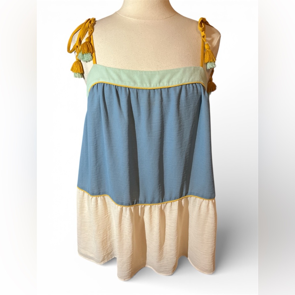 LOFT Sky Blue Cream Mustard Yellow Mint Green Colorblock Peplum Camisole Tank L - Picture 3 of 11